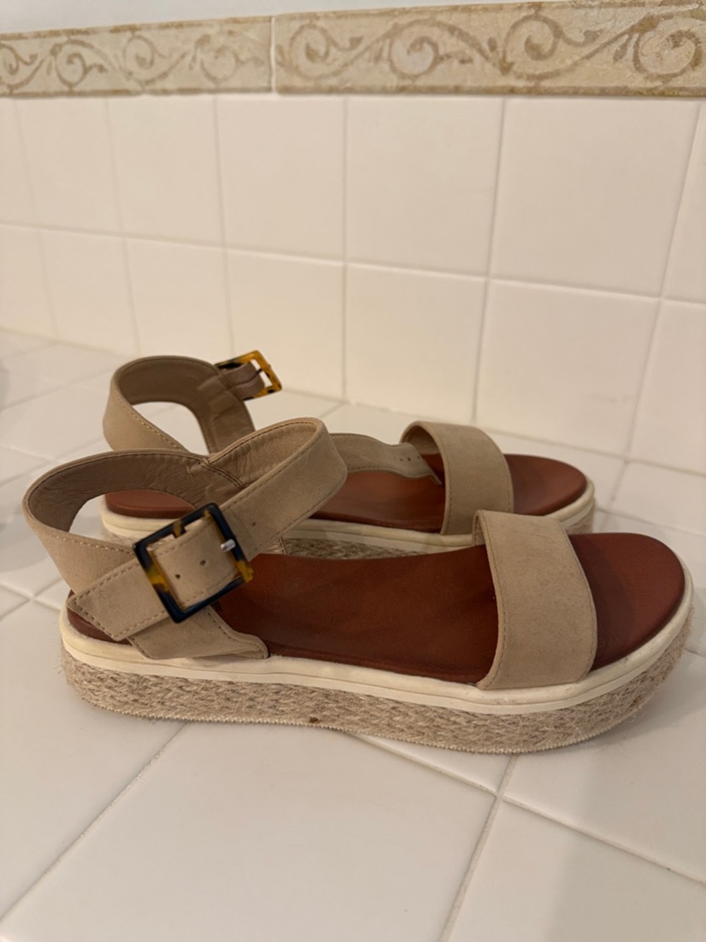 Mia Beige Suede Platform Sandals with Buckle Strap - size 7